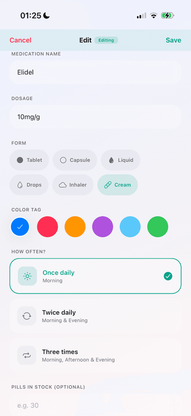 PillTrak edit medication screen showing schedule, days, and reminder settings