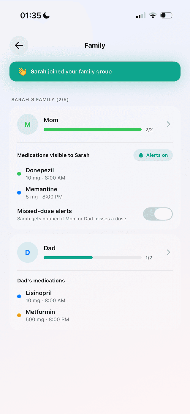 PillTrak Family screen showing shared medications and missed-dose alerts